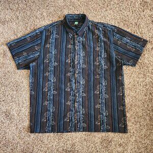 Point Zero Collar Button Down Shirt Size LARGE Striped Floral Surf Summer Skate